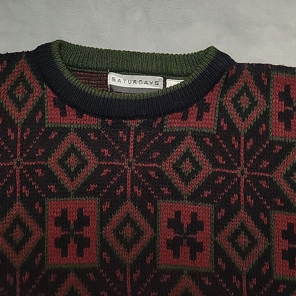 Saturdays Sweater Mens Large Multicolor Geometric Knit Crewneck Vintage 90s - Picture 3 of 6